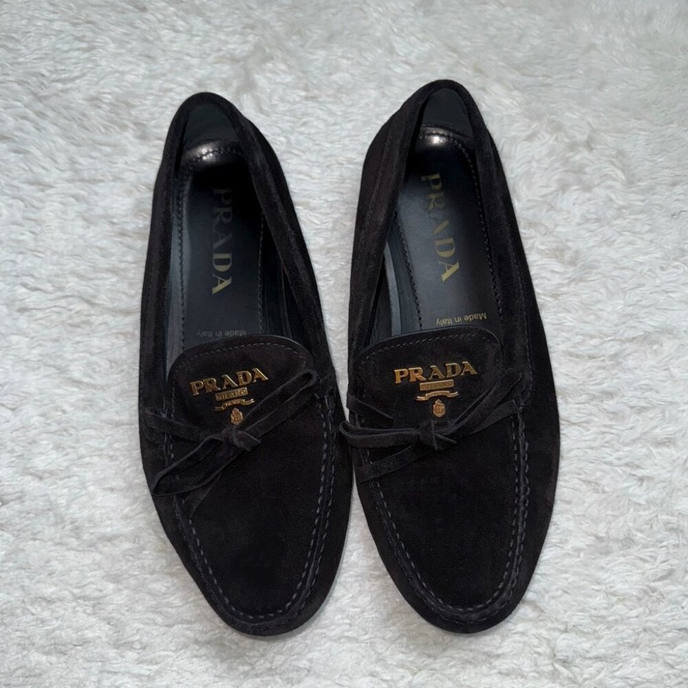 New Prada Black Suede Loafers Driving Leather Authentic Genuine Shoes Gold Logo